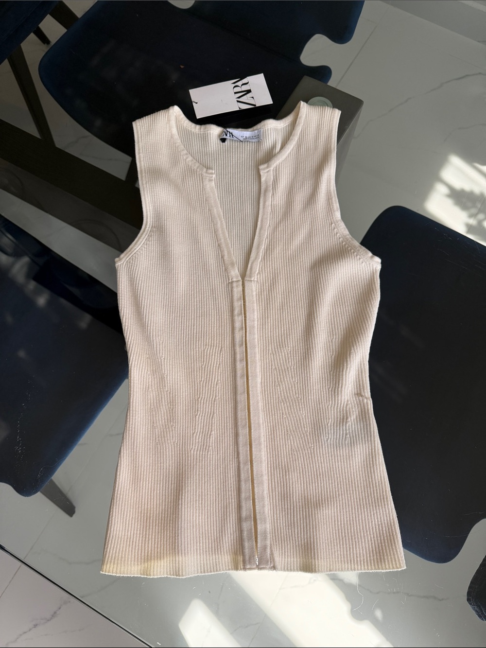 ZARA Cream Ribbed Sleeveless Tank Top